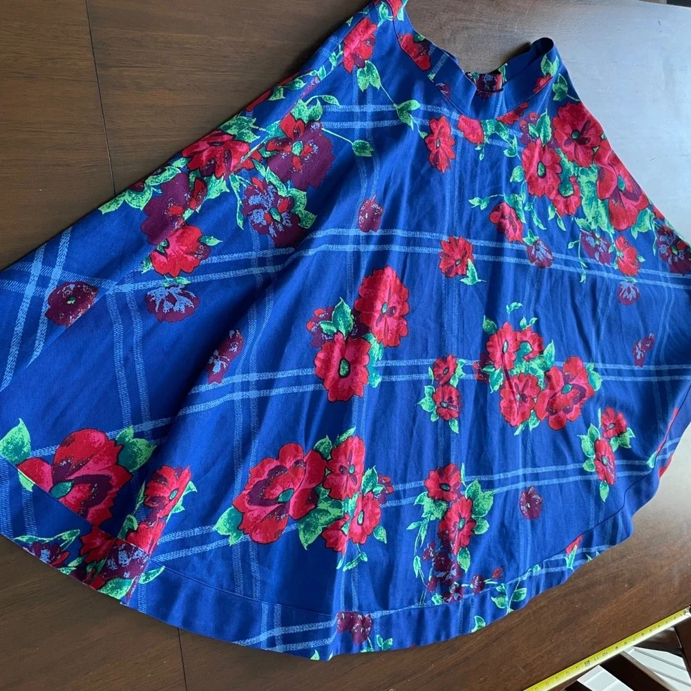 Plenty by Tracy Reese Full Circle Skirt‎ Blue Red Windowpane Floral Midi 12  NWT